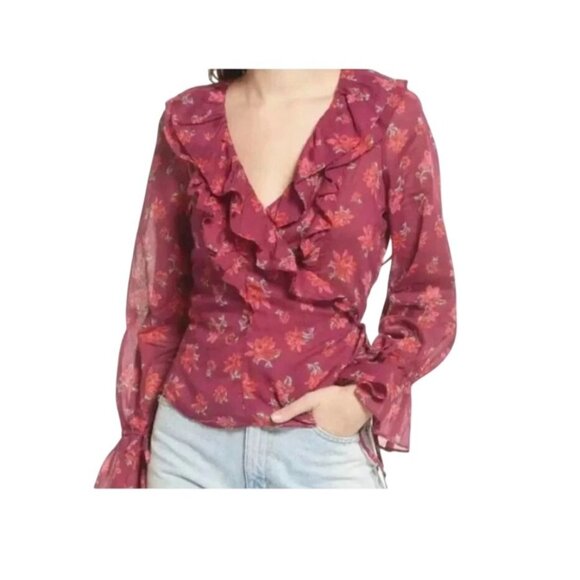 Floral Wrap Ruffle Blouse V-Neck Long Sleeve Sheer Tie Waist Women's Top Size S - Picture 1 of 14